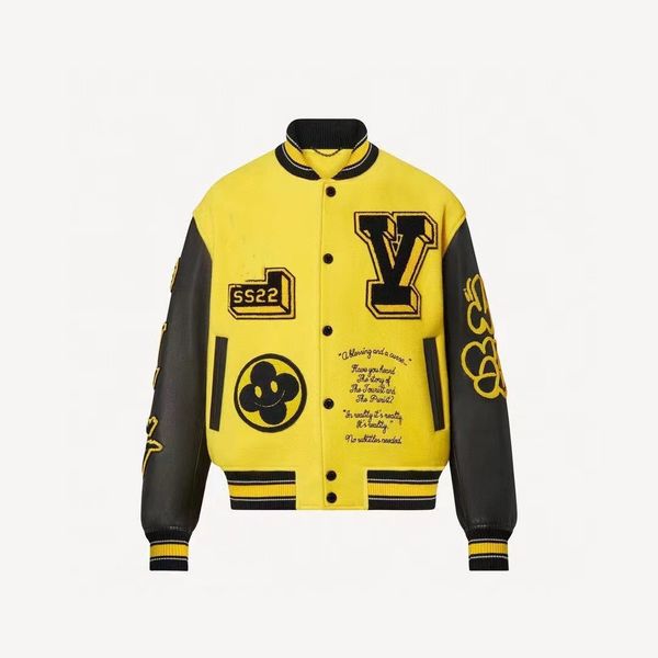 Diseñador 22ss Hot Men's and Women's Jackets Letras de moda Bordado Patchwork Baseball Jersey Yellow Heavy Duty Leather Jacket