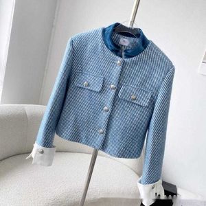 Designer 23 Automne Veste courte à col montant en tweed grossier rayé bleu et blanc avec tempérament à la mode, effet polyvalent et amincissant X9WH