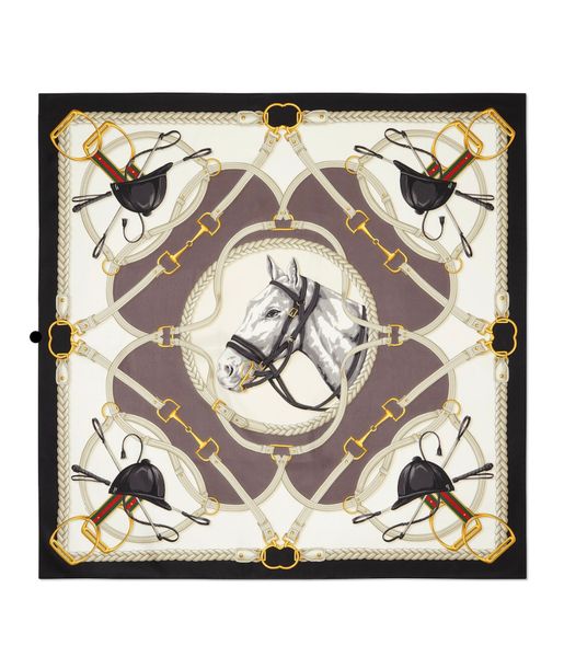 Diseñador 766327 3G001 9260 ER Estr Ina Bufanda de seda estampada Italia Trimen negro Equestrian estampado de marfil y sarga de seda negra Cabeza variable de chal Variable Bandeaus