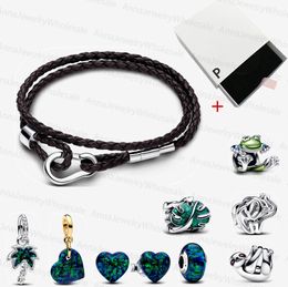Designer 925 Bracelets en argent pour les femmes grimpant grenouille charme pandoras moments marron bracelet en cuir double tressé