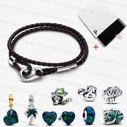 Designer 925 Bracelets à charme en argent pour les femmes grimpant grenouille charme pandoras moments bracelet bracelet en cuir double en cuir vert