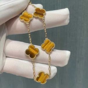 Designer 925 Sterling Silver Van Tiger Eye Bracelet Geplaatste met 18k gouden Clover CNC Hoge versie Lucky Grass