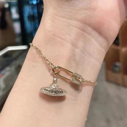 Designer All-diamond Saturnus Hanger Armband Luxe 18k Gold Pin Chain Dames All-Match Eenvoudige Armband Voor Kerstcadeau Sieraden Voor Vrienden