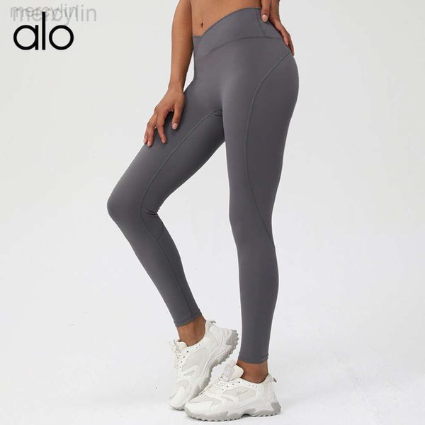 Designer Aloo Yoga à manches longues Pantalon de remise en forme de pêche serré sans ligne T Pantalon de sport croisé pour femmes Taille haute Pantalon de yoga de levage de hanche