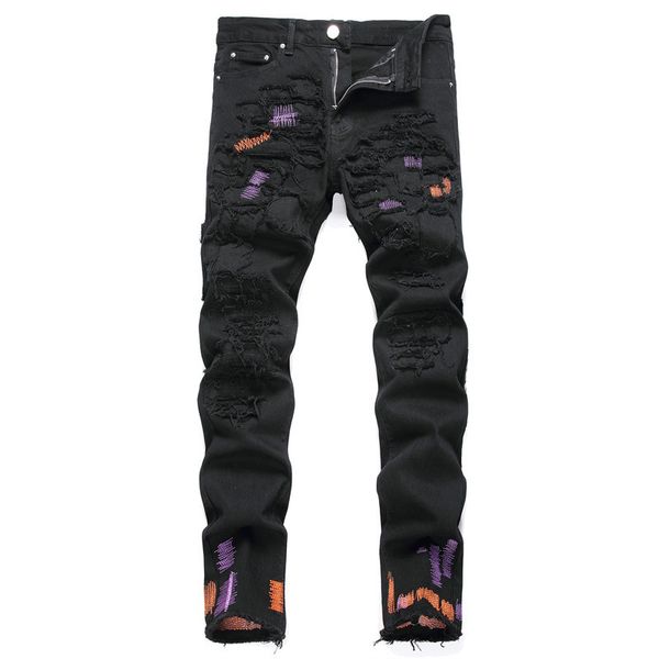 Designer Amelis High Street Mens Purple Jeans Femmes Brodé Extra Large Panneau en denim ouvert Pantalon Hip Hop Tailles asiatiques 29-38 MOHP
