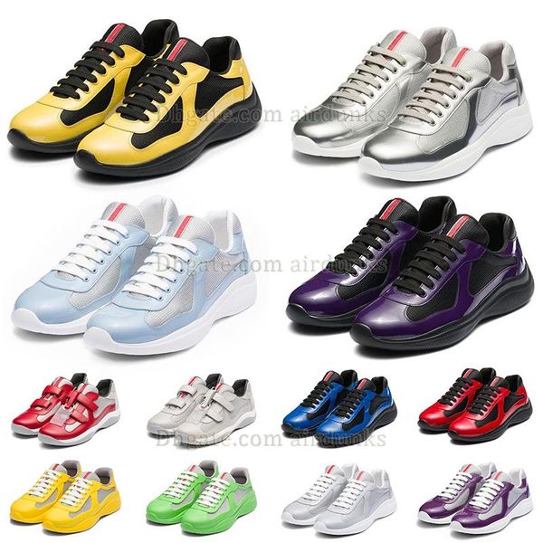 Designer Americas Cup Chaussures Praadaa Baskets Top Low Noir et blanc Brouillard Gris Jaune Cuir Verni Baskets Plates Hommes Femmes Mesh Nylon Casual Marche En Plein Air Tenis