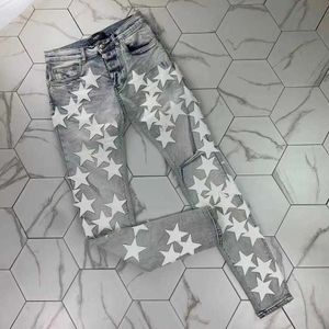 Ontwerper Amirs Jeans Heren Gaorl's Nieuwe Co Branded White Star Pierced Jeans Micro Elastic Slim X Chemist 743