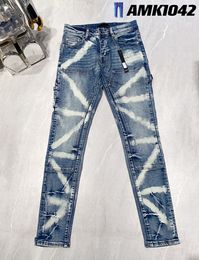 Diseñador Amirs Jeans para hombre Jeans morados High Street Hole Star Patch Hombres Mujeres Amirs Star Panel de bordado Pantalones Stretch Slim-Fit Pantalones Pantalones Tamaño de EE. UU. 983