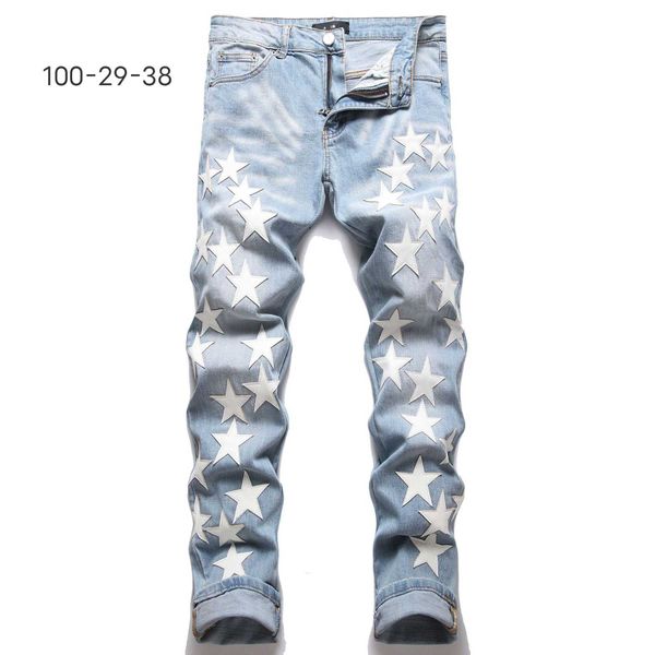 Diseñador Amirs Jeans para hombre Jeans morados High Street Hole Star Patch Hombres para mujer AM Amirs Star Panel de bordado Pantalones Stretch Slim-Fit Pantalones Pantalones US TAMAÑO NO12