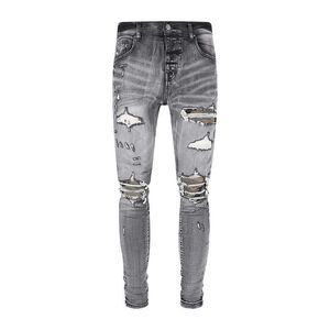 Designer Amirss22ss Nouveau jean gris délavé Mx1 camouflage ondulation de l'eau patchwork
