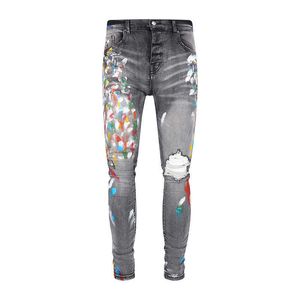 Designer AmirssFashion Brand Wash Blue Worn Out Hole Splash Ink Spray Slim Fit Jeans élastiques Hommes High Street