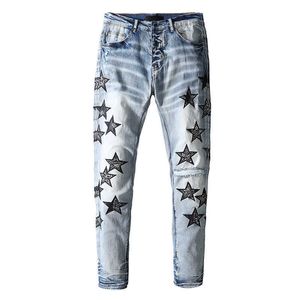 ontwerper amirsshigh street fashion merk gewassen blauwe cashewnoot bloem vijfpuntige ster borduurwerk patch doek gat slim passende jeans
