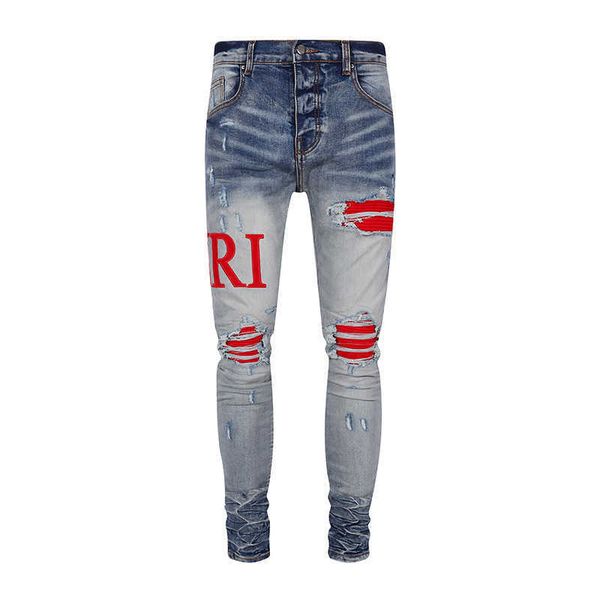 designer amirssHigh Street Trendy Brand New AMR Light Color Jeans Perforés Lettre Homme Brodé Élastique Slim Fit Petits Pieds Pantalon