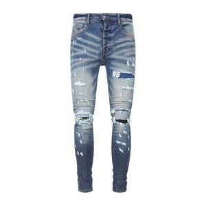 designer amirssNew Fashion Jeans pour hommes avec faux patch perforé bleu foncé