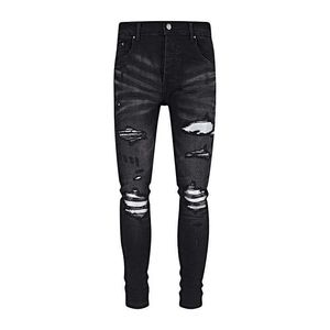 designer amirssNew High Street Fashion Brand Combinatie lederen zilveren patch met gebroken gaten elastische slim fit wassing zwarte jeans voor heren