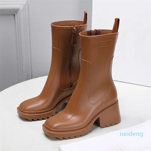 Designer -ankle Boot Women Leather Rubber Rain Boots Waterded Tall Welly High Heel PVC Beeled Platform Boot