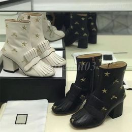 Botines de diseñador para mujer, botas Marmont con hebilla Mental, tacones altos gruesos, botas con plataforma con estampado de invierno, botines de cuero negro