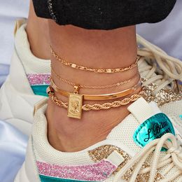 Designer Anklet Bracelet 4pcs Set Women Queen Patroon Hanger voet accessoires Goud zilveren punkstijl zomer op blote voeten sandalen enkel been vrouwelijk enkel 1323