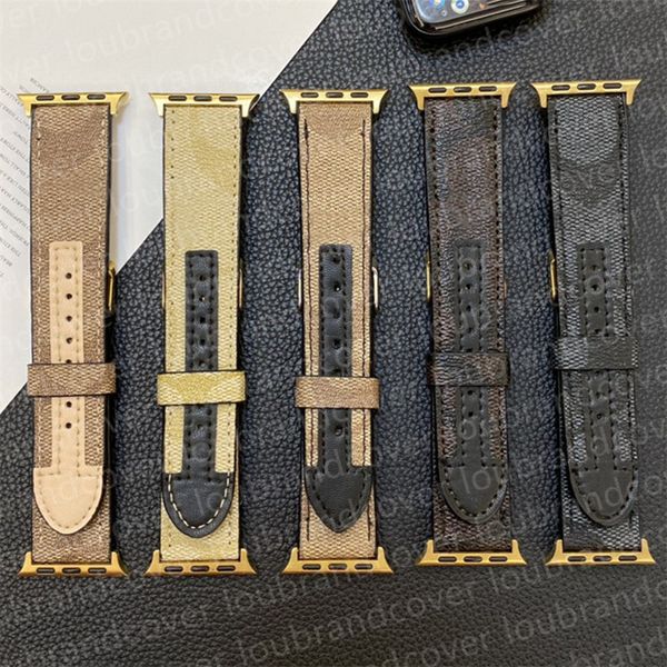 Diseñador Apple Watch Band Correas inteligentes para Apple Watch Series 9 8 3 4 5 6 7 SE Ultra Bands 38 mm 42 mm 40 mm 45 mm 44 mm 49 mm Conector dorado de lujo Empalme Correa de reloj de cuero