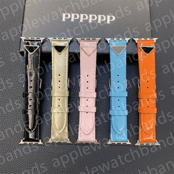 Correa de banda de Apple Watch de diseñador para bandas de Apple Watch serie ultra 8 3 4 5 6 7 Bandas de iwatch 38 mm 42 mm 44 mm 49 mm Cuero brillante de lujo Triángulo de metal P ap Correas inteligentes