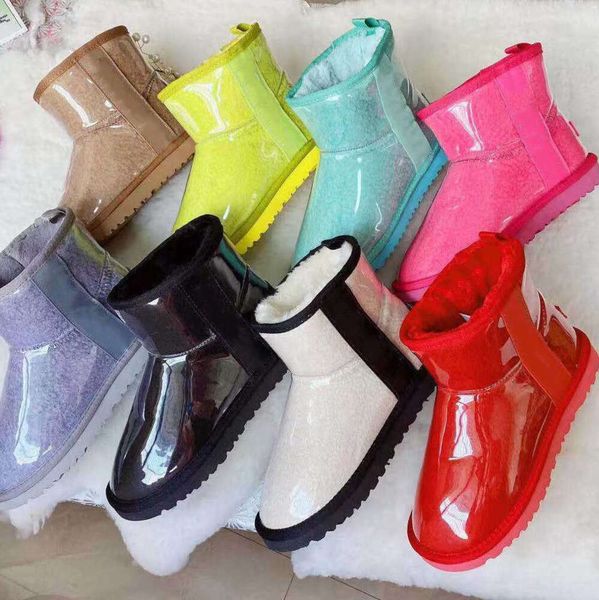 Diseñador australiano Mini Ugges Botas Invierno Transparente PVC Superficie de diamante Clásico Corto Piel de nieve Peludo Chicas Mujeres Hombres Satén Tobillo Botines Media rodilla Uggsity 91ess