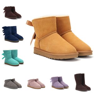 designer Australische snowboots dames dikke zool winter korte laarzen meisjes winterlaarzen klassieke sneeuwlaarzen enkel korte strik mini bont zwart kastanje roze vlinderdas schoenen