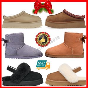 Designer Australie Australië ug Winter Sneeuw Platform Laarzen Mini Bailey Bow Dameslaars Bont Pluizig Leren Enkellaarsjes Klassiek Kastanje Zwart Roze Meisjesschoenen