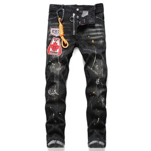 Designer automne et hiver nouveau lambeaux Splash peinture hommes mince Patch Stretch D2 jean bleu serré mendiants pantalon 1062