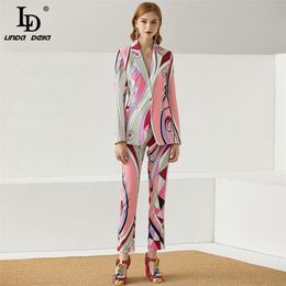 Designer Herfst Fashion 2 Stuk Set Dames Print Enkele knop Lange jas en slanke volledige lengte Broek Suits 210522