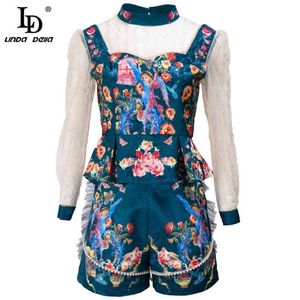 Diseñador otoño moda jacquard pantalones cortos traje mujeres stand collar malla manga larga top y estampado floral 210522