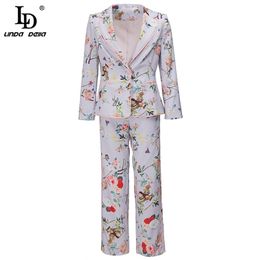 Designer Automne Mode Costumes Femmes À Manches Longues Magnifique Manteau À Imprimé Floral Et Pantalon Slim Longueur De Mollet Ensemble 210522