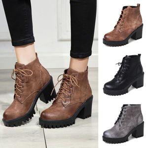 Botas de moto de cabeza redonda de diseñador-otoño, botines de cuero con cordones a la moda para mujer, zapatos de plataforma para mujer de otoño e invierno