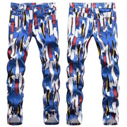 Diseñador Otoño/Invierno Pantalones vaqueros estampados coloridos para hombres Club nocturno alternativo Elástico Slim Fit Pies pequeños Pantalones de moda