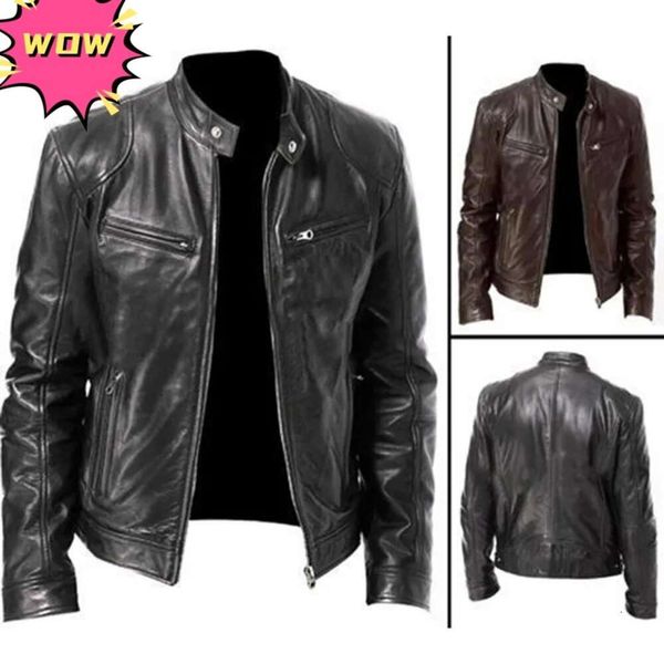 Designer Automne Hiver Marque En Cuir Veste Hommes Manteaux Col Montant Zipper Noir Moteur Biker Moto Vestes En Cuir De Mode De Luxe