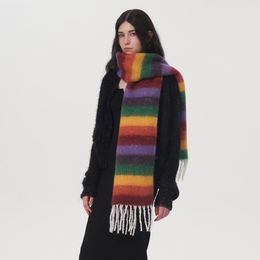 Дизайнерский осенне-зимний теплый и утолщенный клетчатый шарф в полоску с дофамином и кисточками для женщин