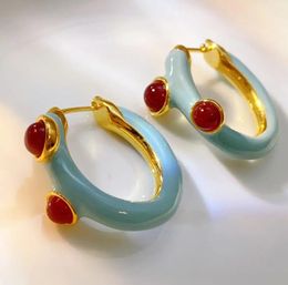 Designer Babay-bleu médiéval émail boucle d'oreille rétro à la mode automne rouge gemme élégant tendre femmes vintage eardrop 240311