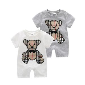 Designer Bébé Garçons Barboteuses Enfant Enfants Plaid Ours Patch Broderie À Manches Courtes Combinaisons Été Infantile Filles Coton Grimper Vêtements Z7327