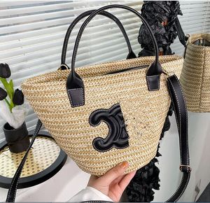 Bolso de diseñador Moda de verano para mujer Bolsa de cesta de verduras tejida Bolsa de arco de playa Bolsa de cubo de paja Bolso de moda de lujo Bolsos de hombro