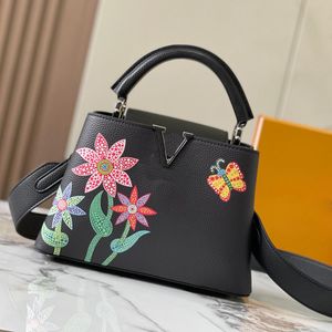 Designer tas bakken bloemvlinder geprinte handtas korrelige echte lederen capucines handtassen mode letter snaphaak in rits pocket afneembare riem