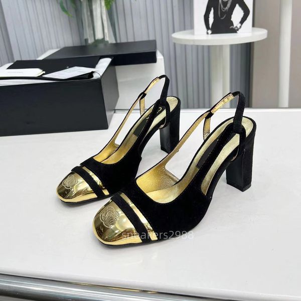 Chaussures plates de ballet de styliste, sandales à bretelles de luxe, chaussures habillées en patchwork noir et or pour femmes, sandales à talons hauts épais