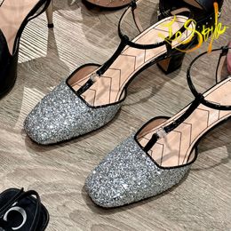 Designer balletschoenen platte damessandaal G-nette schoenen enkelband Romeins glanzend zilver dikke hak elegante dame stijl maat EUR 35-40