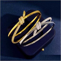Designer Bangle for Women t Brand Luxury Knot Bracelet Double Line Rope Womens Minority 18k Gold Sier Shining Crystal Bling Diamond Bangles Br Dh24h