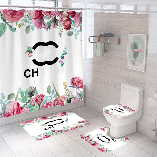 Rideau de salle de bain de styliste, Logo classique imprimé, tapis de sol, ensemble de quatre pièces, tapis de toilette, décoration de la maison