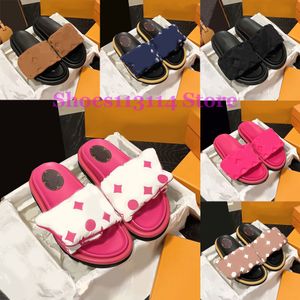 Ontwerper Strandslippers Slides Zwembad Kussen Comfort Reliëf Muilezels Platforms Sandalen Voor Heren Dames Drievoudig Zwart Roze Diepblauw Luxe Casual Zomerschoenen