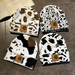 Gorro de diseñador para mujer, hombre, gorro, gorros sin ala, sombrero de lujo, estampado, moda, leche, leopardo, invierno, punto térmico, multicolor, otoño e invierno, al aire libre, flecos más gruesos