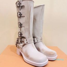 Designer -Ceinture boucle en cuir de vachette Biker bottes au genou talon épais Zip chevalier bottes mode bout carré bottines pour femmes chaussures usine