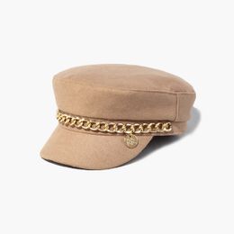 Boinas de diseñador para mujer 100% lana Placa de metal Cadena Sombreros de vaquero Tamaño 56-58 Sombreros Tapa plana Sombrero de calabaza octogonal Gorras casuales Gorra de periódico Primavera Invierno