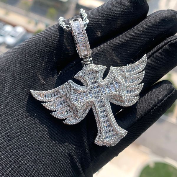 Designer Big Cross avec pendentif à breloque aile avec chaîne de corde Hip Hop Femmes Hommes Plein Pavé 5A Zircone Cubique Christ Hommes Cadeau Bijoux