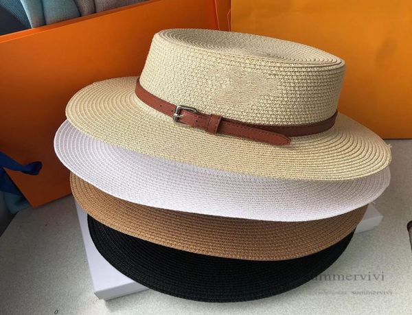 Diseñador Big Kids triángulo sombreros de hierba niñas ala ancha Visera plana Niños sombrero de paja tejido verano niños PU cinturón de cuero paja ca8812968