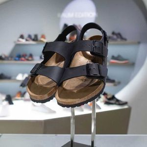 Zapatillas Birkinstock de diseñador, sandalias planas de corcho alemán genuino para hombres y mujeres, zapatos de playa con doble botón Milano Boken